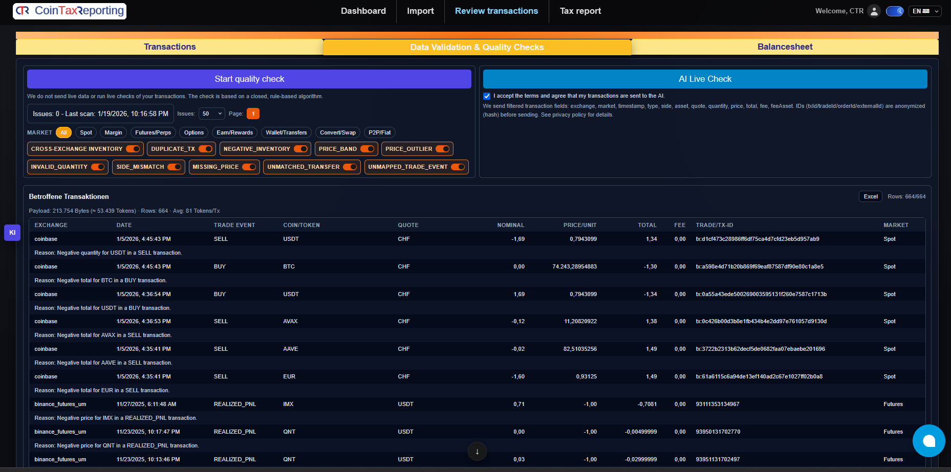 AI Live Check mit Hinweisen und TLH-Vorschlägen